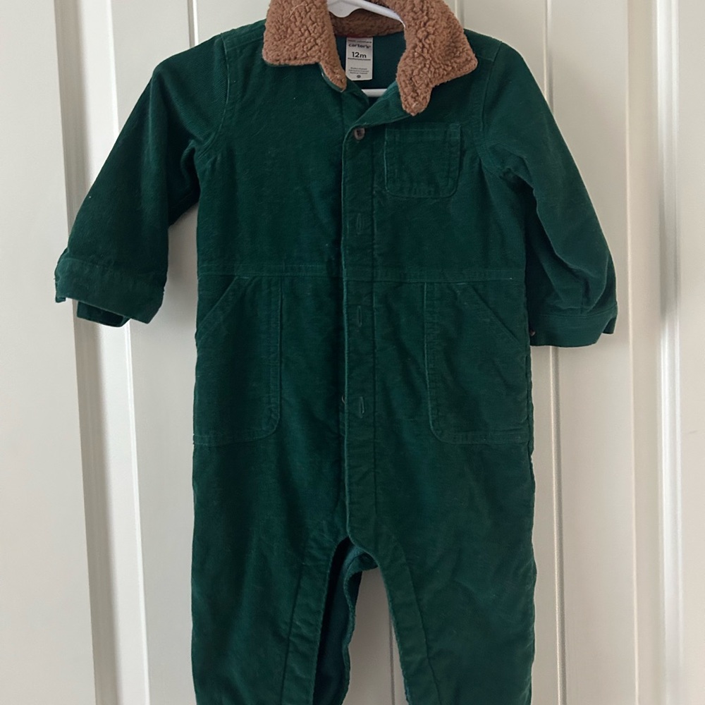 Carter's Green Corduroy Jumpsuit with Brown Sherpa Collar
